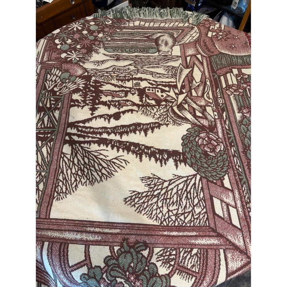 Vintage‎ Woven Tapestry Throw Blanket Winter Cabin Welcome Cat Made in Spain
